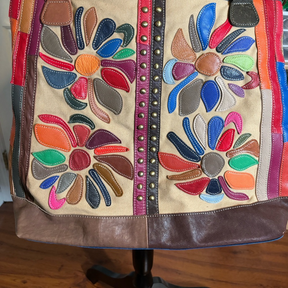 Amerileather Floral Patchwork Leather and Canvas Tote.
